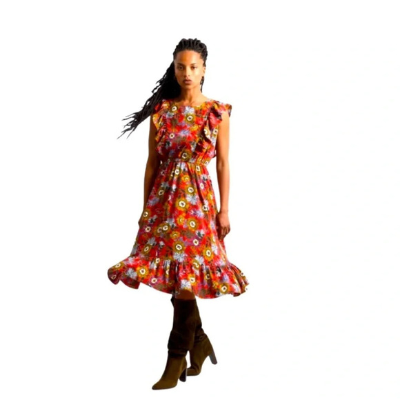 Molly Bracken red floral midi dress with ruffle sleeve size small - Picture 5 of 16